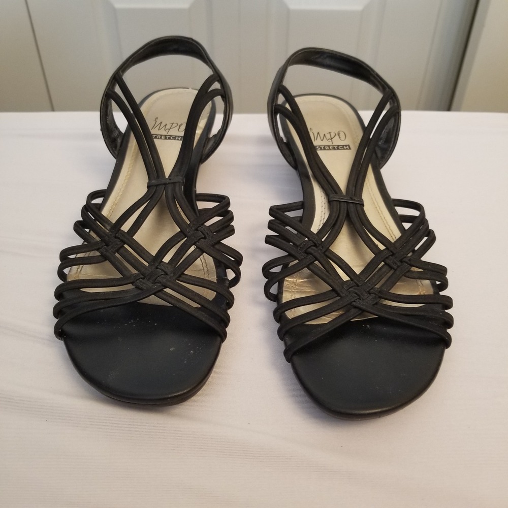 Impo Stretch Women Black Strappy Caged Slingback Low Wedge Sandals Shoes 8M